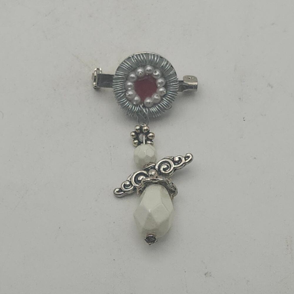 Silver Tone Angel Brooch Pin Red Heart Faux Pearl White Bead Dangle Figural‎